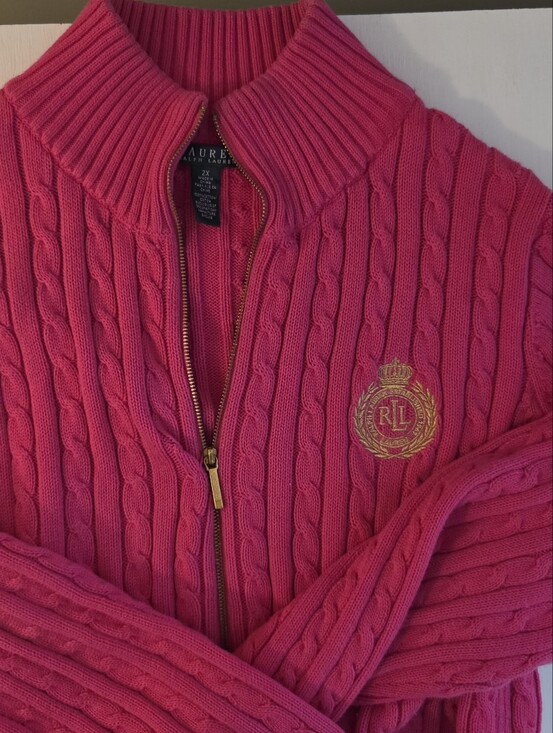 Ralph Lauren Sweaters - Vintage Ralph Lauren Pink Cable-Knit Zip Sweater Full Zip With Crest 2X